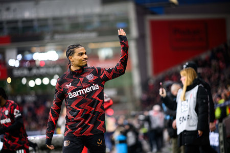 LEVERKUSEN, GERMANY - 15 FEBRUARY, 2025: Amine Adli, The Bundesliga match FC Bayer 04 Leverkusen vs FC Bayern Muenchen at BayArenaのeditorial素材