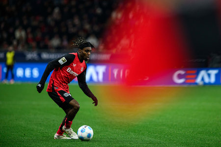 LEVERKUSEN, GERMANY - 15 FEBRUARY, 2025: Jeremie Frimpong, The Bundesliga match FC Bayer 04 Leverkusen vs FC Bayern Muenchen at BayArenaのeditorial素材