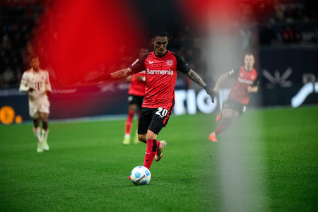 LEVERKUSEN, GERMANY - 15 FEBRUARY, 2025: Alejandro Grimaldo, The Bundesliga match FC Bayer 04 Leverkusen vs FC Bayern Muenchen at BayArenaのeditorial素材