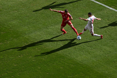 COLOGNE, GERMANY - FEBRUARY 23, 2025: + - The football match of 2.Bundesliga 1.FC Koeln vs Fortuna Duesseldorf 1895 at Rhein Energie Stadion.のeditorial素材