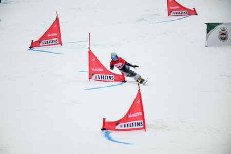 WINTERBERG, GERMANY - 15 MARCH, 2025: JEONG Haerim, KOR - VISA FIS Snowboard Alpine World Cup Winterberg 2025 at Poppenberg. For editorial use only.のeditorial素材