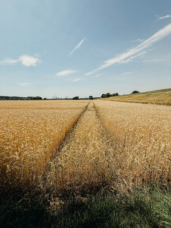 Vast golden wheat field bathed in midday sun, featuring a clear tractor track stretching towards the...