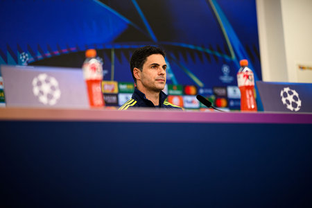 LEVERKUSEN, GERMANY - MARCH 10, 2026: Mikel Arteta - Press conference. The match of UEFA Champions League Bayer Leverkusen vs Arsenal London at BayArena.のeditorial素材