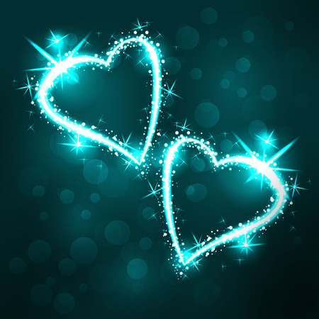 Sparkling 2 hearts on dark background with boken and starsのイラスト素材