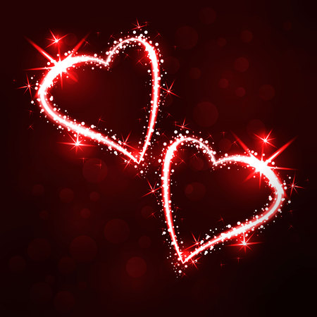 Sparkling 2 hearts on dark background with boken and starsのイラスト素材