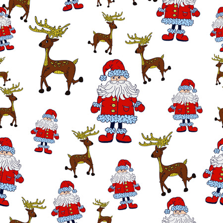 Seamless Christmas pattern with Santa, reindeer and stars vector patternのイラスト素材