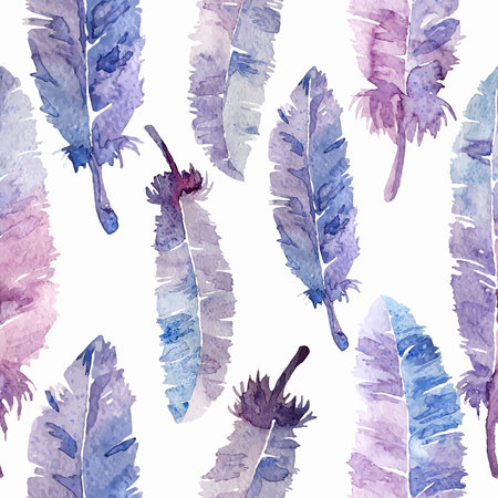 Watercolor feathers seamless pattern. Colorful feathers with watercolor texture pattern. White backgroundのイラスト素材