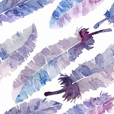 Watercolor feathers seamless pattern. Colorful feathers with watercolor texture pattern. White backgroundのイラスト素材