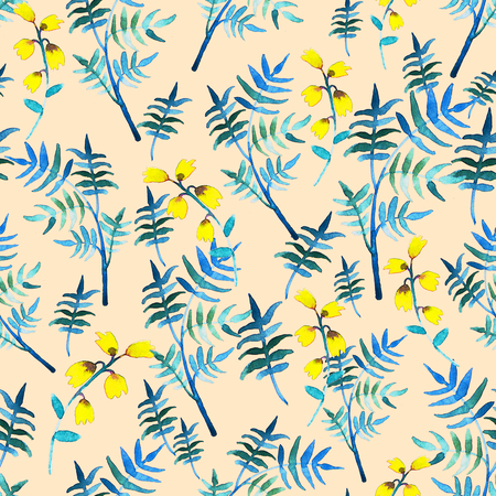 Seamless floral pattern with watercolor yellow flowers and leaves in vintage style on pink background. Hand made. Ornate for textile, fabric, wallpaper, print. Nature illustration. Painting elements.の写真素材