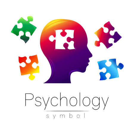 Modern head sign of Psychology. Puzle. Profile Human. Creative style. Symbol in vector. Design concept. Brand company. Violet color isolated on white background. Icon for webのイラスト素材