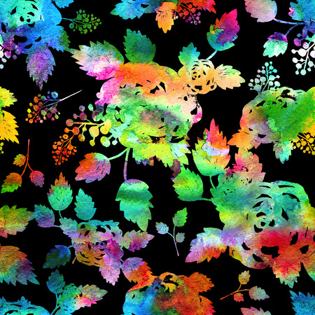 Watercolor Seamless flower red green rainbow doodle on black background pattern. Hand drawn elements. Bright art for textile, wallpaper. Vintage texture. Endless print.の写真素材