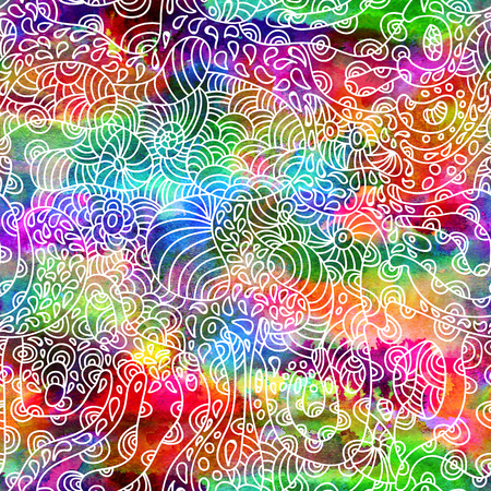Seamless rainbow pattern with hand-drawn and watercolor circles texture, abstraction colorful illustration on white background.の写真素材