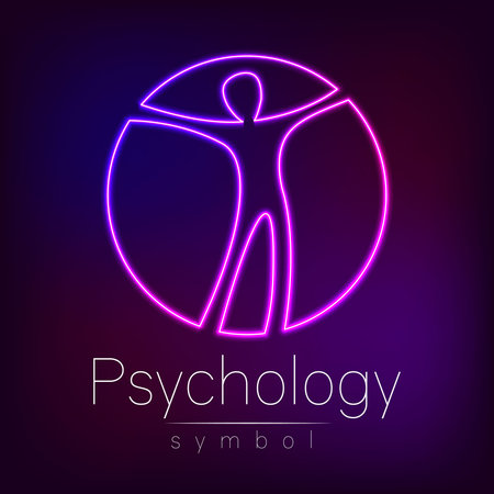 Neon Logo Modern man Sign of Psychology. Human in a circle. Creative style. Icon in vector. Design concept. Brand company. Violet color isolated on blur background. Symbol for web, print, logotype.のイラスト素材