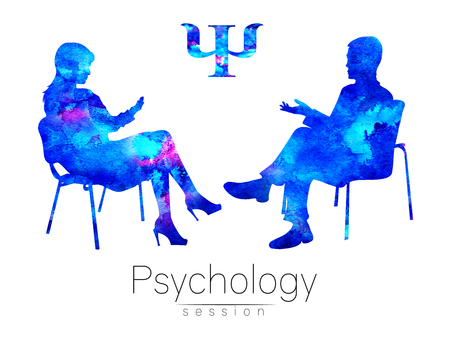 The psychologist and the client. Psychotherapy. Psycho therapeutic session. Psychological counseling. Man woman talking while sitting. Silhouette. Blue profile. Modern symbol logo. Design concept.Signの写真素材