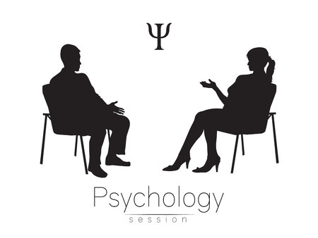 The psychologist and the client. Psychotherapy session. Psychological counseling. Man woman talking while sitting. Black color.のイラスト素材