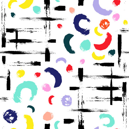 Vector colorful seamless pattern with brush dots, strokes, circles and strokes. Rainbow color on white background. Hand painted grange texture. Ink geometric elements. Fashion modern style. Unusualのイラスト素材