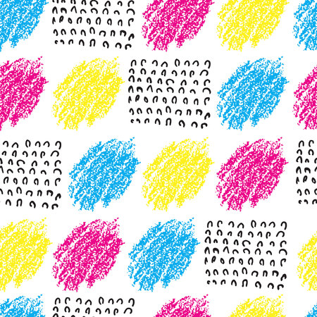 Vector colorful seamless pattern with brush blots and wave. Pink blue yellow black color on white background.のイラスト素材