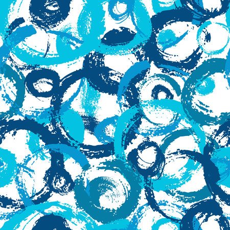 Vector seamless pattern with brush circles and strokes. Blue color on white background. Hand painted grange texture.のイラスト素材