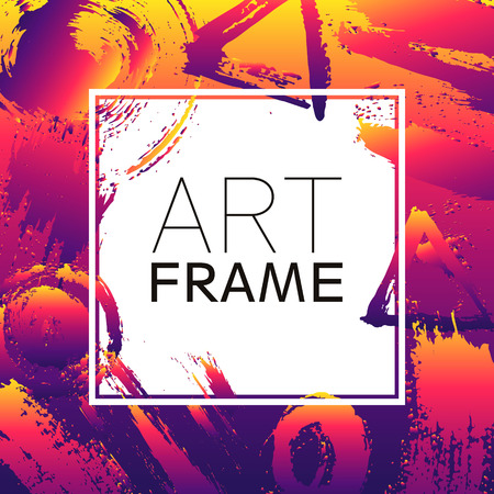 Art frame square. Gradient yellow violet color elements. Brush strokes for the background of poster. Modern design. Hand made spots and stripes. Vintage texture stain. Creative fashion card.のイラスト素材