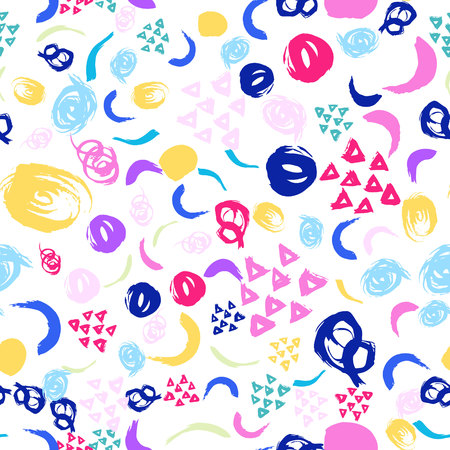 Vector seamless pattern with brush stripes and strokes. Rainbow color on white background. Hand painted grange texture. Ink geometric elements. Fashion modern style. Endless trend fabric print Unusualのイラスト素材