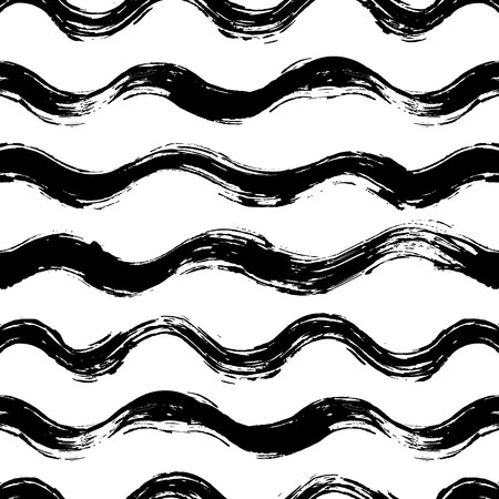 Vector seamless pattern with brush stripes and waves. Black color on white background. Hand painted grange texture. Ink geometric elements. Fashion modern style. Endless fabric print. Retroのイラスト素材