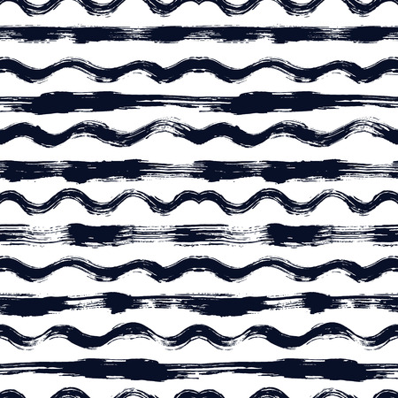 Vector seamless pattern with brush stripes and waves. Black color on white background. Hand painted grange texture. Ink geometric elements. Fashion modern style. Endless fabric print. Retroのイラスト素材