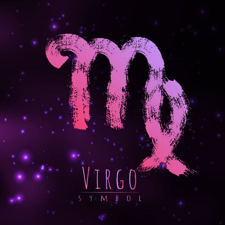Vector abstract zodiac sign Virgo on a dark cosmic background of the space with shining stars. Nebula in form of zodiac sign Virgo . Abstract brush stroke sign. Bright modern gradient symbol. Logoのイラスト素材