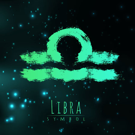 Vector abstract zodiac sign Libra on a dark cosmic background of the space with shining stars. Nebula in form of zodiac sign Libra . Abstract brush stroke sign. Bright modern gradient symbol. Logo.のイラスト素材