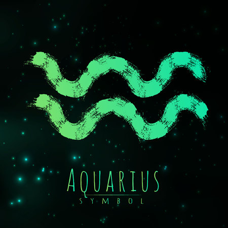 Vector abstract zodiac sign Aquarius on a dark cosmic background of the space with shining stars. Nebula in form of zodiac sign Aquarius . Abstract brush stroke sign. Bright modern symbol. Logo.のイラスト素材