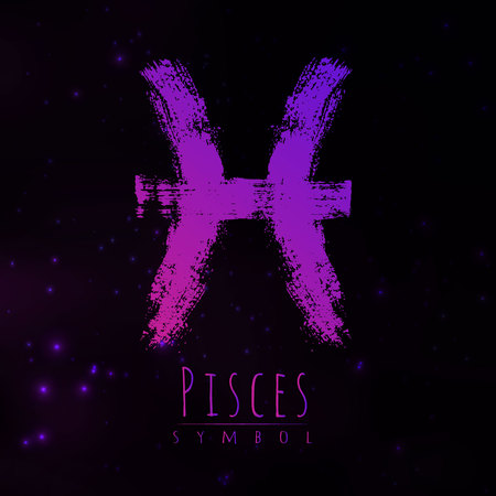 Vector abstract zodiac sign Pisces on a dark cosmic background of the space with shining stars. Nebula in form of zodiac sign Pisces . Abstract brush stroke sign. Bright modern gradient symbol. Logo.のイラスト素材