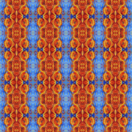Hand drawn seamless pattern with folk national motives. Bright colored abstract wallpaper. Seamless texture. Geometric fabric design. Art painting. Blue and orange colors. Nativeの写真素材