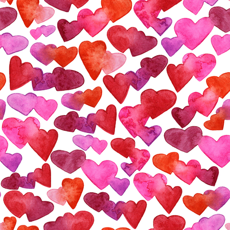 Seamless pattern with red, pink and violet watercolor hearts. romantic design. Isolated on white background. Hand painted brush elements. Modern and teen. Love sign. Valintine Day texture.の写真素材