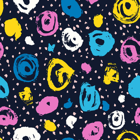 Vector seamless pattern. Abstract background with brush circles. Fabric hand drawn texture. Blue, pink, yellow color. Grange paint blot and dot. Stripe, stroke for school and teen, kid designのイラスト素材