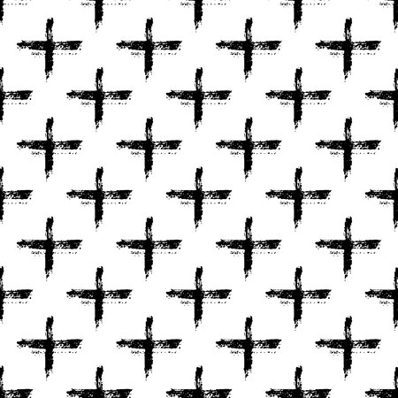 Vector seamless pattern with brush stripes and strokes cross. Black color on white background. Hand painted grange texture. Ink geometric elements. Fashion modern style. Endless fabric print.のイラスト素材