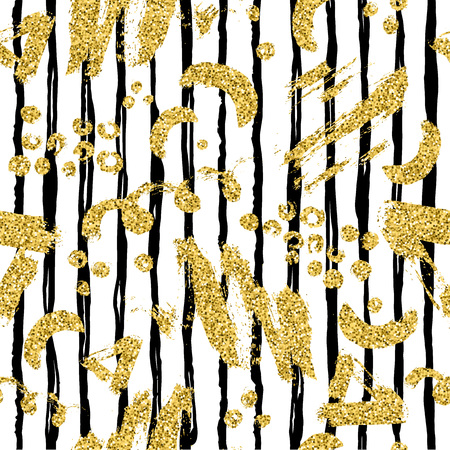 Modern seamless pattern with gold glitter brush stripe, blot and spot. Golden, black color on white background. Hand painted metallic texture. Shiny spark elements. Fashion modern style. Repeat print.の写真素材