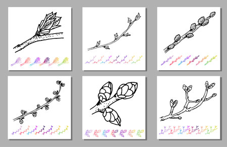 Vector Set of Kidney bud black pattern in the plant design. Hand painted spring garden flora. Black sletch isolated on whie background with gradient colorful elements Trunks and twigs for your design.のイラスト素材