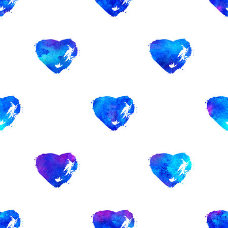 seamless pattern with brush hearts. Blue color on white background. Hand painted grange texture. Ink...
