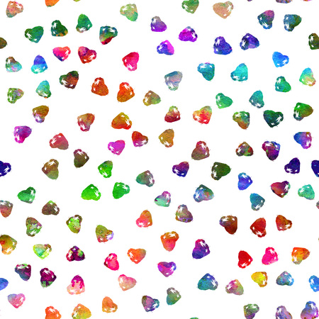 seamless pattern with brush hearts. Rainbow color on white background. Hand painted grange texture. Ink grange elements. Decorative ornament of love sign. Repeat fabric print.の写真素材