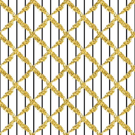 Modern seamless pattern with brush stripes plaid and cross. Black , gold metallic color on white background. Golden glitter texture. Ink geometric elements. Fashion catwalk style. Repeat fabric cloth.の写真素材