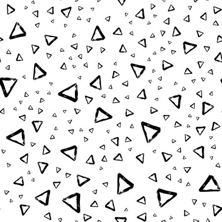 Vector seamless pattern with brush stripes and triangle. Black color on white background. Drawing...
