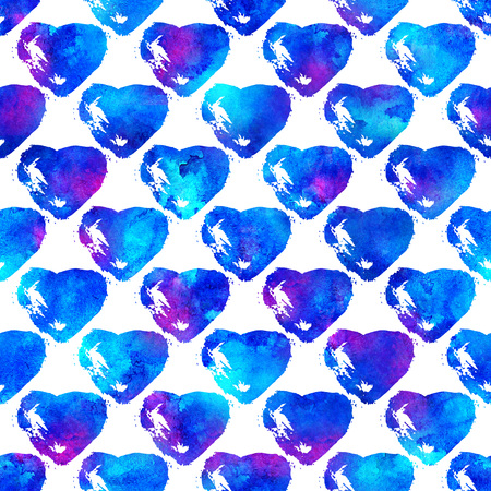 seamless pattern with brush hearts. Bluecolor on white background. Hand painted grange texture. Ink grange elements. Decorative ornament of love sign. Repeat fabric printの写真素材