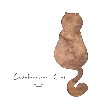 Watercolour brown cat isolated on white background. Cute simple animal hand drawn. Illustration style. Sign or symbol of a kitten. Paint element. Watercolor happy pet. Kids image.の写真素材