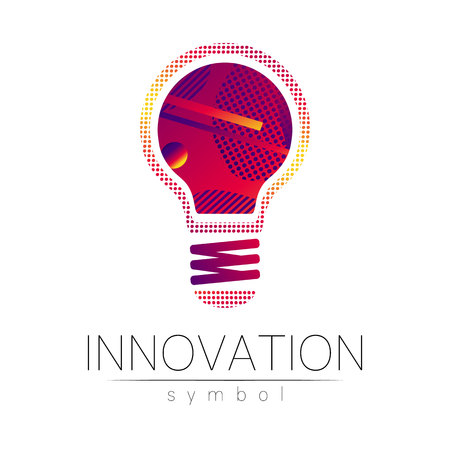 Logo sign of innovation in science. Lamp symbol for concept, business, technology, creative idea, web. Red violet color isolated on white background. Logotype in vector. Futuristic design style.のイラスト素材
