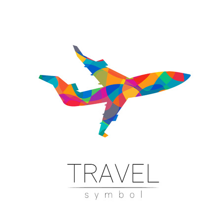 Aircraft vector silhouette isolated on white background. Airplane symbol, rainbow modern style of color. Logotype for travel, tourism and trip agency. Identity, brand, logo, concept web. Summer plane.のイラスト素材