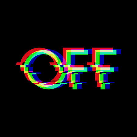 Vector symbol of word OFF in glitch style. Geometric letters glitched Icon isolated on black...