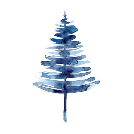 Watercolor winter blue christmas tree isolated on white background. Hand painting Illustration for print, texture, wallpaper or element. Beautiful watercolour art. Minimal styleの写真素材