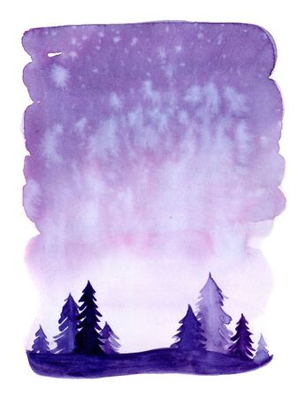 Watercolor christmas winter landscape with snow and trees. Xmas pine and fir. Illustration with snowing for print, texture, wallpaper, background, greeting card. Purple violet color. watercolourの写真素材