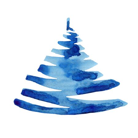 Watercolor winter christmas tree isolated on white background. Hand painting Illustration spruce for print, texture, wallpaper or greeting card. Blue color. Beautiful watercolour art. Pine tree.の写真素材