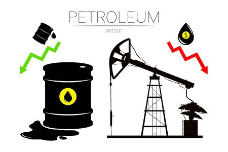 Vector set of 3 sign oil and derrick rig. Black symbol petroleum, dollar money, solated on white background. global financial crisis. Barrel silhouette and spot liguid. Industry of exploration,のイラスト素材