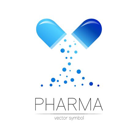 Pharmacy vector symbol for pharmacist, pharma store, doctor and medicine. Modern design vector logo on white background. Pharmaceutical blue icon logotype tablet pill capsule. People health industryのイラスト素材